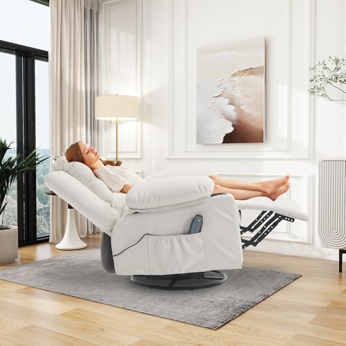 linting Leather Swivel Rocker Recliner Chair with Massage and Heat Overstuffed Manual Recliner Chairs with Cup Holders, Beige Rocking Glider Chairs