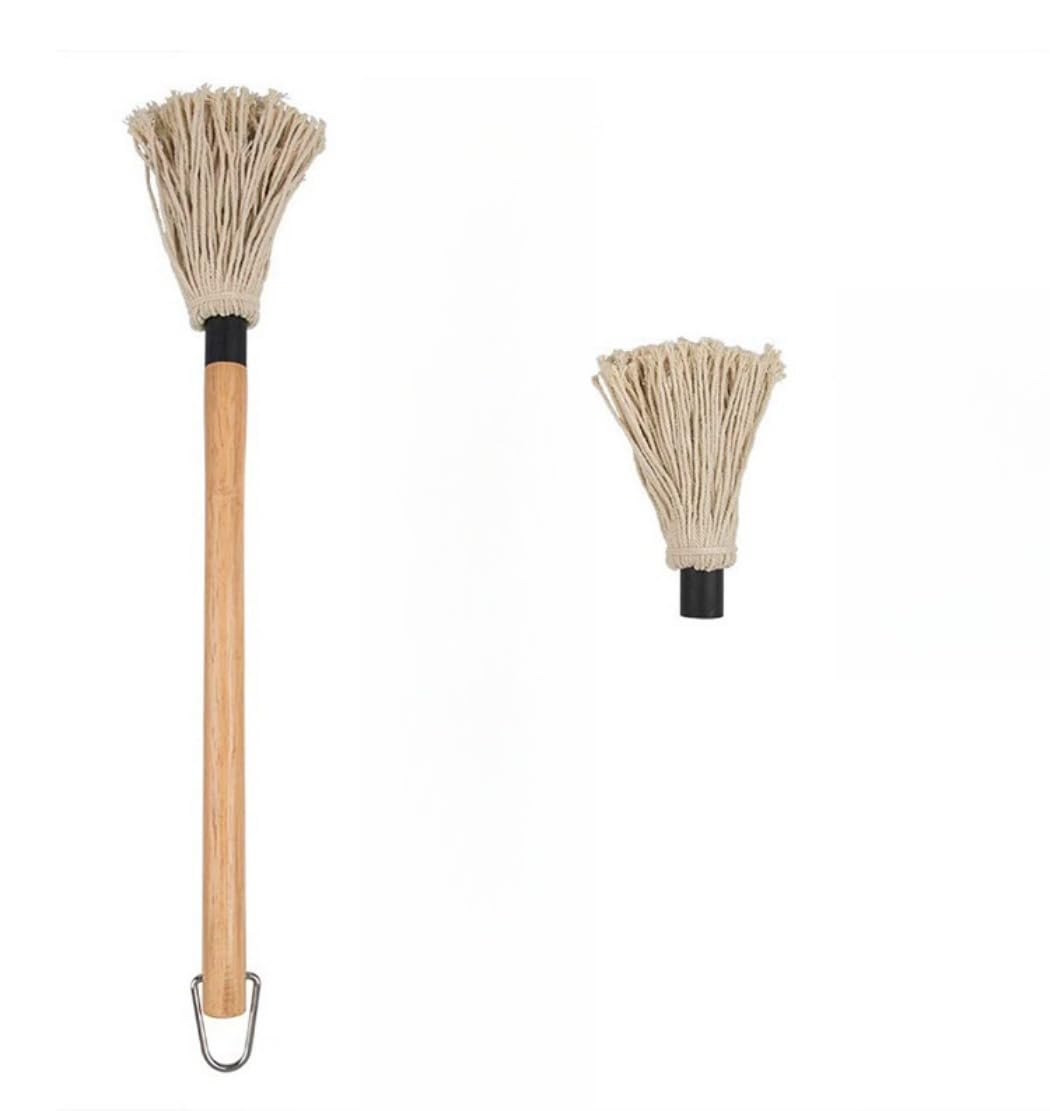 WHTCHSU 11.2 Inch Grill Basting Mop Wooden Long Handle with 1 Extra Replacement Heads for BBQ Grilling Smoking Steak WHTCHSU