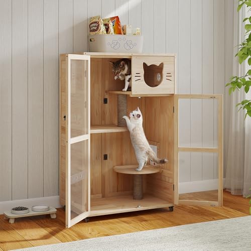 COZIWOW Large Wooden Cat House with Scratching Posts, Multi-Level Indoor Cat Enclosure with Acrylic Doors, Ventilation Holes, and Wheels (Natrual Wood) COZIWOW