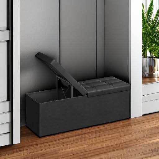 SONGMICS MAZIE Collection - 43 Inches Storage Ottoman Bench with Flipping Lid, Storage Chest with Iron Frame Support, Load 660 lb, for Living Room, Bedroom, Synthetic Leather, Black ULSF75BK SONGMICS