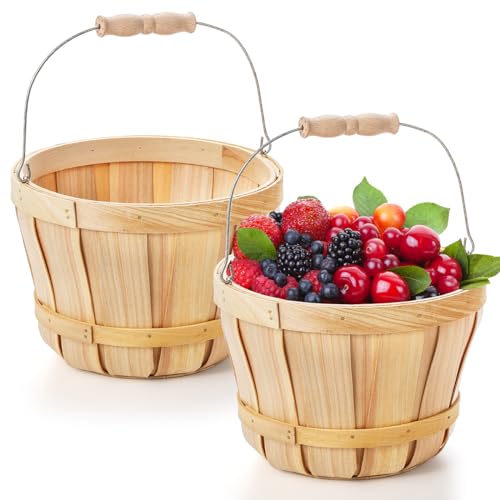 Okllen 2 Pack Round Wooden Baskets with Handle, Empty Wood Fruit Buckets, Fall Harvest Basket for Display Fruits Vegetables, Home Garden and Party Supplies, Natural Color Okllen