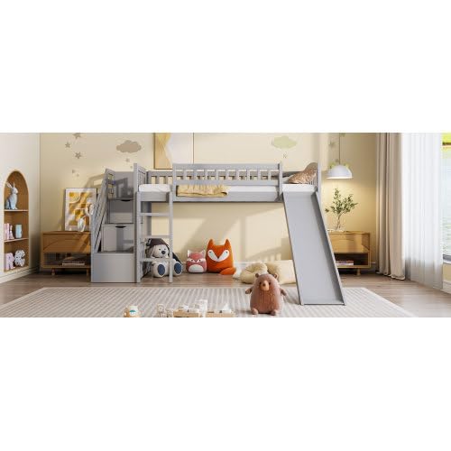 Harper & Bright Designs Kids Loft Bed with Slide and Storage Stairs, Twin Size Wooden Loft Bed with Built-in Ladder, Grey Harper & Bright Designs