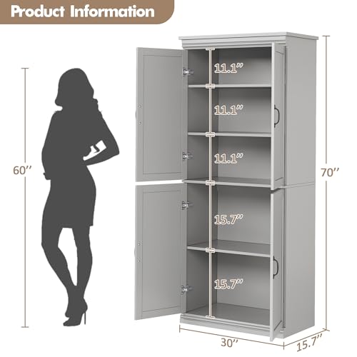 IDEALHOUSE Pantry Cabinet,70" Tall Kitchen Pantry Cabinet with Doors and Adjustable Shelves, Freestanding Cupboard, Tall Storage Cabinet for Bathroom, Dining Room, Living Room (Gray) IDEALHOUSE