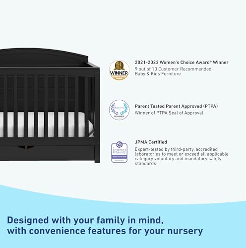 Graco Bellwood 5-in-1 Convertible Crib with Drawer (Black) - GREENGUARD Gold Certified, Full-Size Storage Drawer, Converts to Toddler Bed and Full-Size Bed STORK CRAFT