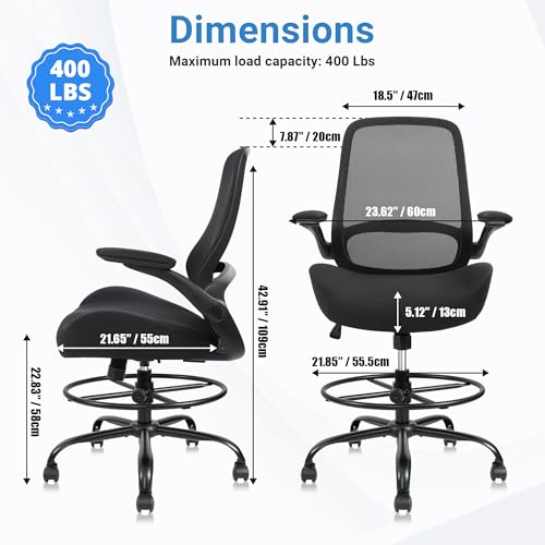 HYLONE Drafting Chair Tall Office Chair with Flip-Up and Adjustable Armrests Ergonomic Computer Chair with Adjustable Footrest Ring Mesh Standing Desk Chair (Black) HYLONE