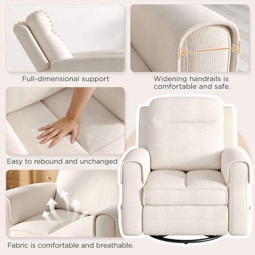 Maupvit Faux Shearling Recliner Chair - 360° Swivel Rocker with Adjustable Footrest and Backrest, Plush Upholstered Single Sofa for Small Spaces, for Living Room/Nursery/Home Theater (White)
