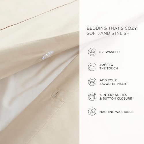 Lush Decor Hampton Double Flange Embroidered Contrast Edge Cotton Duvet Cover Set, 3 Piece Set, Full/Queen, Neutral & Copper - Luxury Hotel Bedding Set - Beige Duvet Cover - Minimalist Decor Lush Decor