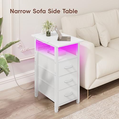 Vagusicc Set of 2 White Nightstand with Charging Station and LED Lights, Narrow End Table, LED Night Stand with 3 Fabric Drawers for Bedroom, Small Bedside Table, Narrow Side Table for Small Spaces Vagusicc
