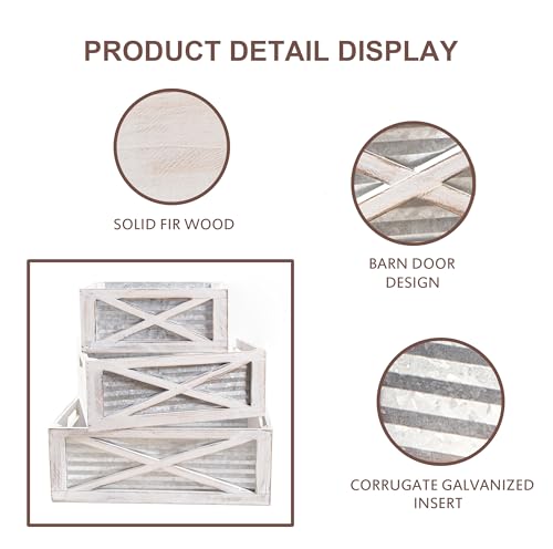 Set of 3 Nesting Wooden Crates, Rustic Wooden Storage Container Boxes with Cutout Handles, Decorative Farmhouse Wood Baskets for Display, Barn Door (Whitewash) Venalys
