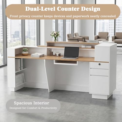 Modern Reception Desk with LED Lights & Built-in Outlets, 63” L-Shaped Front Desk with Slatted Grille Design,White Checkout Counter for Salon, Retail Store, Office, Dimmable Switch Laxodor