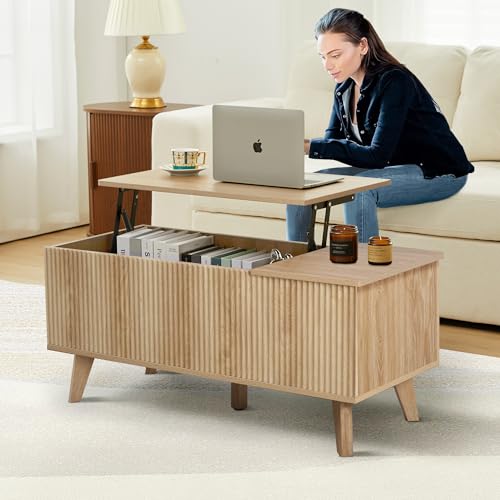 Wooden Fluted Lift Top Coffee Table with Hidden Compartment, Modern Rectangle Center Tables with Adjustable Storage Shelf, Lift Tabletop Dining Table for Home Living Room Office(Natural) XUZENEST
