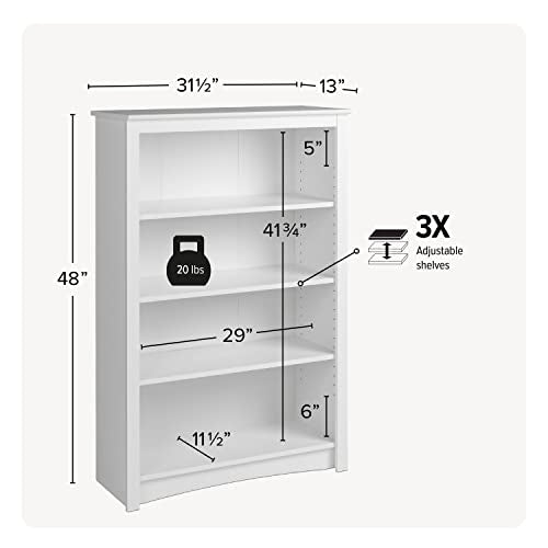 Prepac Sonoma 4-Tier Bookcase 48"H with 3 Adjustable Shelves, White Storage Cabinet, Modern Display Cabinet, Bookshelf with Storage Shelves for Home Office, Living Room, Bedroom Organizer Prepac