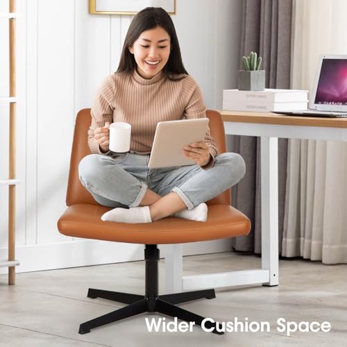 PayLessHere | Criss Cross Chair | Brown | Wide, Armless Desk Chair Without Wheels | 360 Swivel, Height Adjustable & Stable Metal Base | for Office, Home Office, Vanity Seating PayLessHere