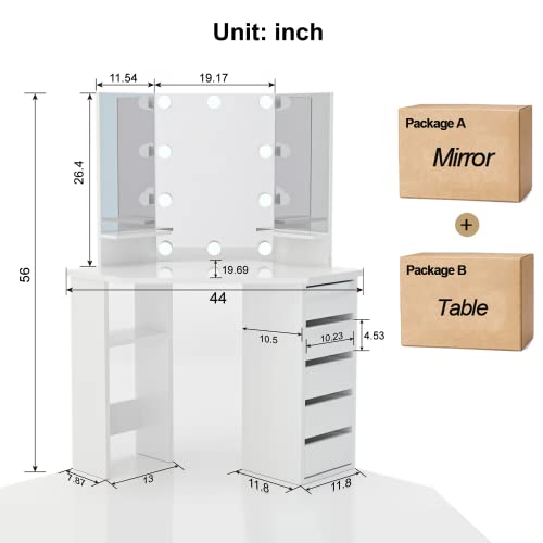 Likein Corner Makeup Vanity Desk with Mirror and Lights, Bedroom Vanity Table with Lighted Mirror 5 Drawers and Storage Shelf for Women Girls White Likein