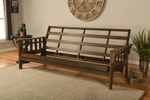 Jerry Sales FutonX Rustic Walnut Frame and Mattress Set with Choice to add Drawers, 8 Inch Innerspring Futon Sofa Bed Full Size Wood (Biege Matt, Frame and Drawers) Jerry Sales