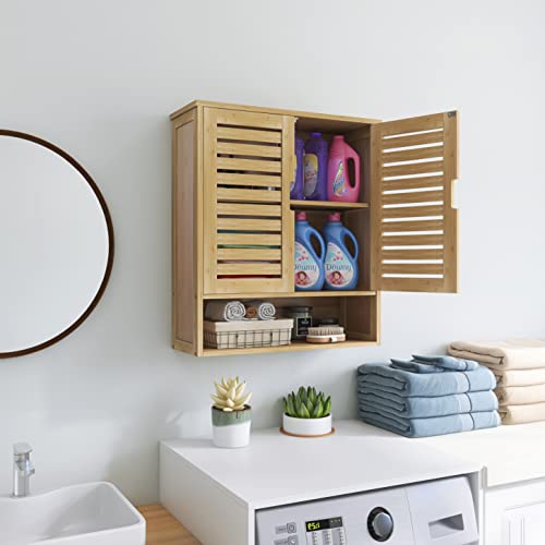 SMIBUY Bathroom Cabinet Wall Mounted, Bamboo Over-The-Toilet Storage Organizer, Space Saver Medicine Cabinet with 2 Door and Adjustable Shelves SMIBUY
