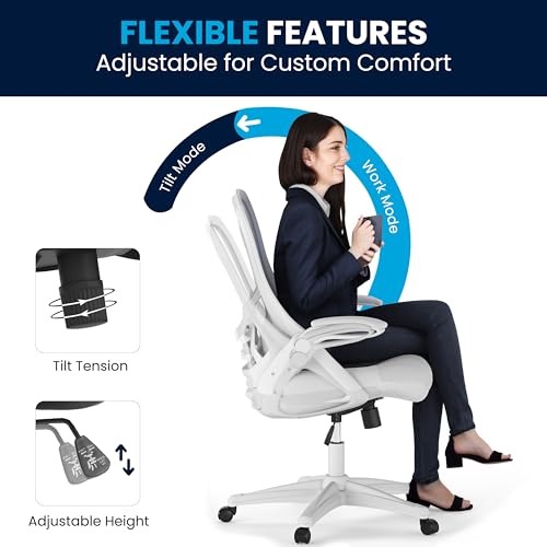 Flash Furniture Porter High-Back Swivel Office Chair with Adjustable Lumbar Support and Height, Ergonomic Mesh Desk Chair with Flip-Up Armrests, White Flash Furniture