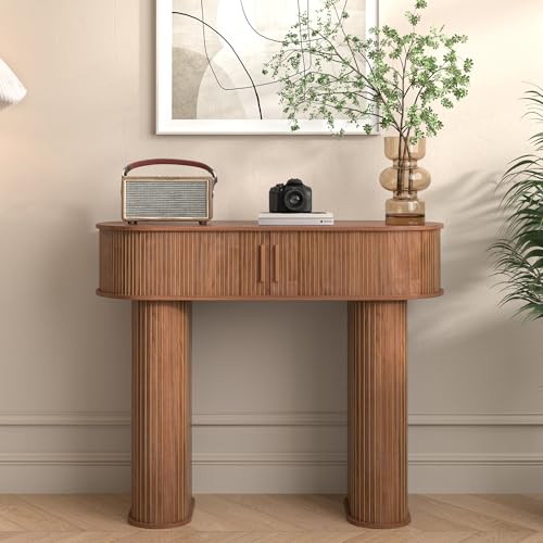 Round Console Table, Mid Century Modern Console Table, Sofa Table, Narrow Entryway Table for Hallway Living Room (Walnut) LUVIOHOME