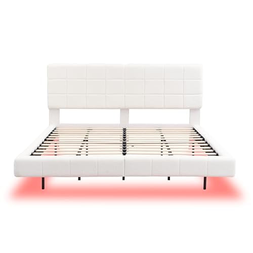 Christopher Knight Home Borden Floating Bed Frame King Size with Lights, Boucle King Size Platform Bed Frame with Headboard, Modern Floating King Bed Frame, No Box Spring Needed, Easy Assembly, White Christopher Knight Home