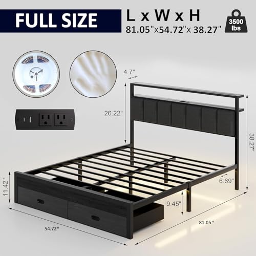 Aelawe Full Bed Frames with Storage Drawer, Platform Bed with Charging Station and LED Lights, Upholstered Headboard with 2-Tier Storage Shelves, No Box Spring Needed Aelawe