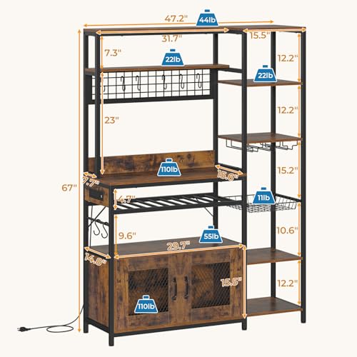 UPOSOJA Rustic Brown Bakers Rack with Power Outlet and Multifunctional Storage Solutions UPOSOJA