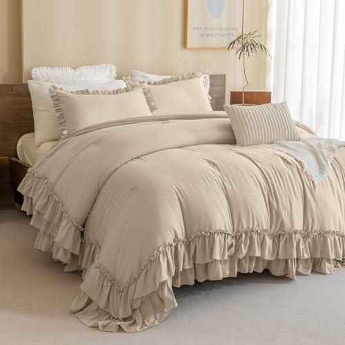 Masaca Ruffled Comforter Set Queen,3-Piece Farmhouse Shabby Boho Chic Bedding,Ultra Soft Linen Feel Textured Bed Comforter Set (1 Ruffle Comforter+2 Pillow Shams) Masaca