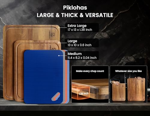 Piklohas Large Wood Cutting Boards, 7 Pieces Over Sink Chopping Board with Holder, Plastic Cutting Board Mats, Juice Groove, Handle Hole, Reversible Piklohas