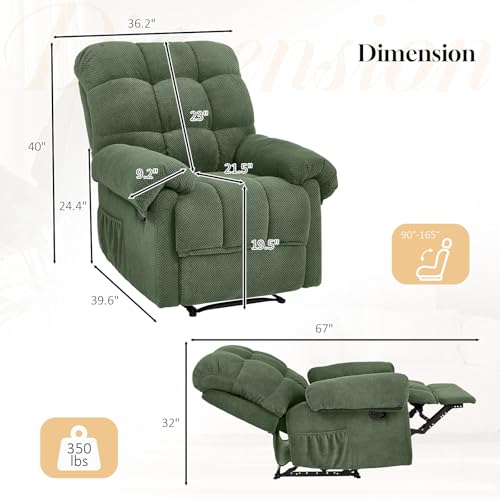GEEVIVO Recliner Chair, Manual Armchair for Adults with Adjustable Push Back & Side Pocket Small Single Sofa Overstuffed Upholstered for Living Room, Bedroom, Home Theater, Green