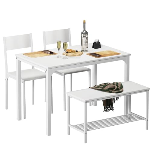 SogesPower Dining Table Set for 4, Kitchen Dining Table Set with 2 Chairs and 1 Bench, 4 Person Kitchen Table Set for Dining Room Restaurant Small Space, White SogesPower