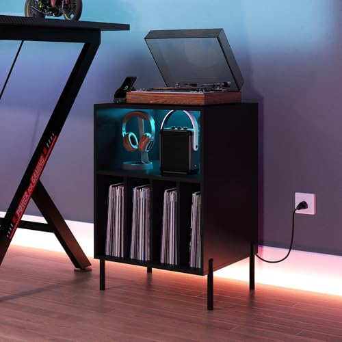 Giantex Record Player Stand with LED Lights & Charging Station, Turntable Stand with Record Holder, Record Player Table with Metal Legs, Vinyl Record Storage for Living Room, Music Room, Black Giantex