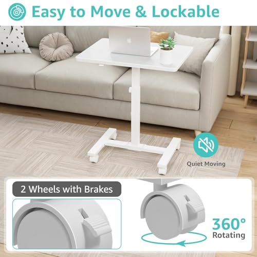 WINAZ Small White Standing Rolling Desk - 24 Inch Portable Mobile Stand Up Kids Desk Adjustable Height with Wheels for Small Spaces, Couch Laptop Desks Side End Table for Home Office, White WINAZ