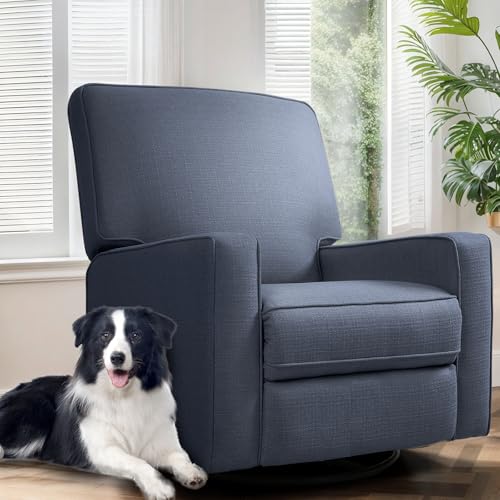 KeyEnergy Manual Rocker Recliner Chair for Adults, High Back Glider with Deep Seat, Upholstered Fabric Armchair for Living Room & Nursery (Blue Linen)