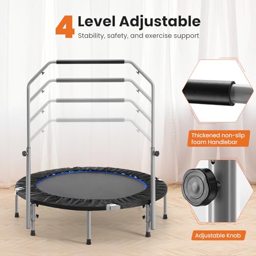 Sweetcrispy 40" in/48 in Mini Fitness Trampoline - 330LBS Foldable Exercise Rebounder with Adjustable Handle, Stable and Quiet, for Adults Indoor/Outdoor Workout Sweetcrispy
