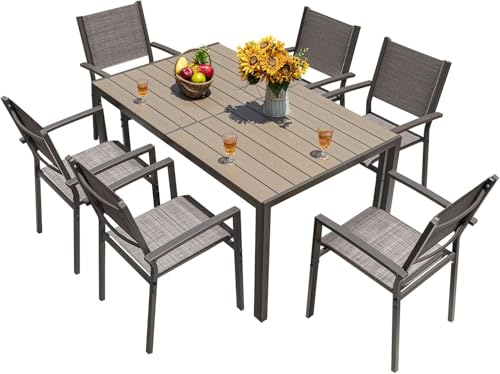 Homall Patio Dining Set 7 Pieces Outdoor Furniture Table and 6 Textilene Chairs, Light Grey Homall