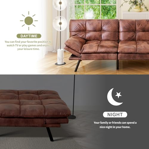Vipbear 71" Futon Sofa Bed - Convertible Sofa Beds/Adjustable Backrest & Armrest, Comfy Loveseat Sleeper for Small Spaces, Apartments & Offices,Faux Leather Brown Futons Vipbear