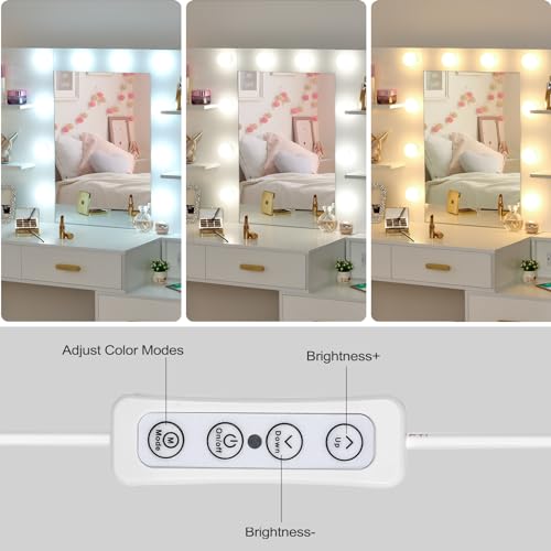 ANWBROAD Makeup Vanity Desk Vanity Set with 10 LED Bulbs Lighted Mirror Makeup Vanity Table Set with Charging Station Nightstand 3 Colors Modes Dimming Cushioned Stool Large Mirror White UBDT53W ANWBROAD