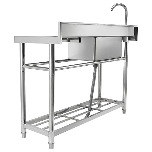 VEVOR Stainless Steel Utility Sink, Free Standing Single Bowl Commercial Kitchen Sink Set w/Workbench, 47 x 19.7 x 37.4 in Commercial Single Bowl Sinks for Garage, Restaurant, Laundry, NSF Certified VEVOR