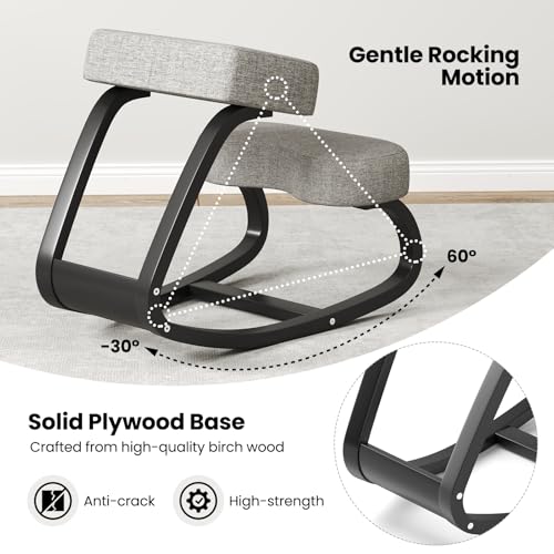 Goplus Ergonomic Kneeling Chair, Rocking Upright Posture Chair with Soft Seat & Knee Pads, Wooden Backless Knee Chair Relieves Neck Back Pain for Home Office Study, Gray and Black Goplus