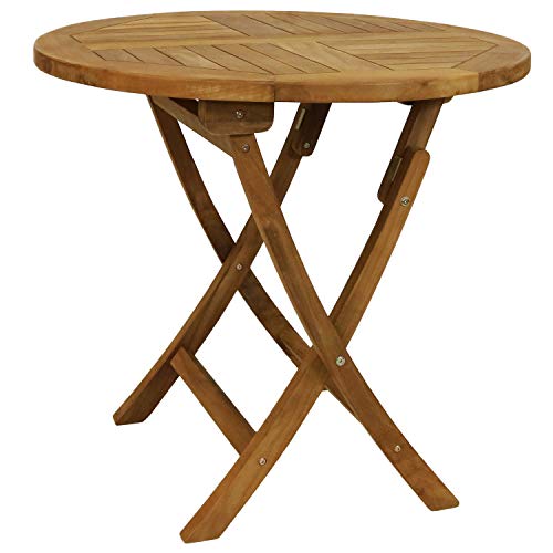 Sunnydaze Round Folding Solid Teak Outdoor Dining Table - Light Wood Stain Finish - 31 Inches Sunnydaze