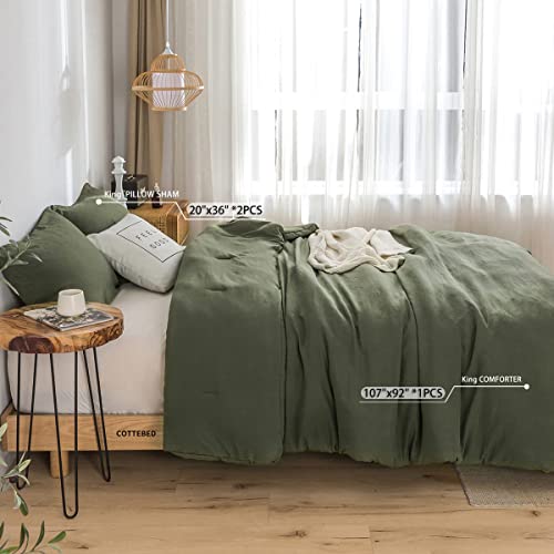 COTTEBED Ultra-Soft King Bedding Comforter Sets Bed, All Season Use Light Weight with Warm Fluffy Washed Cotton Microfiber,1 Bed Blanket Comforter & 2 PillowSham(King/California King Dark Olive Green COTTEBED