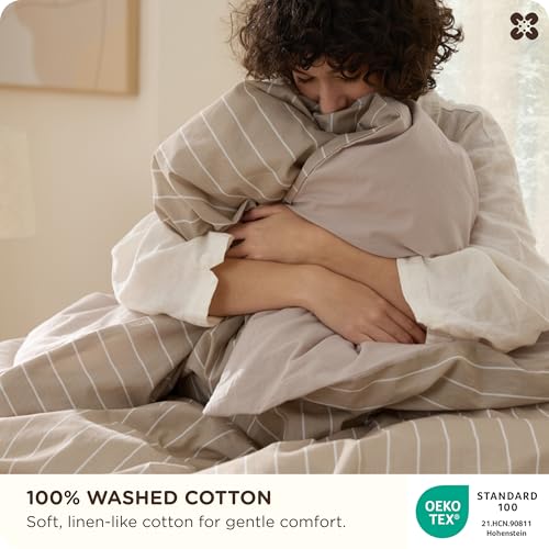 Bedsure Striped Duvet Cover King Size,100% Washed Cotton Duvet Cover Linen Like Textured, Classic Striped Pattern Enhances Bedroom Comfort and Style, Stripes Tan/White, 104"x90" Bedsure
