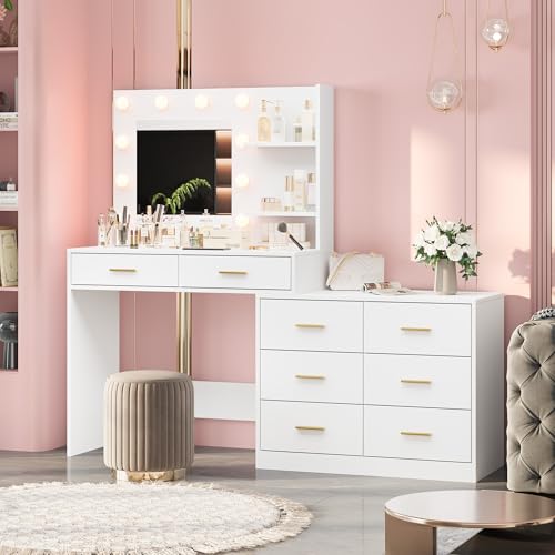 GarveeHome 61 in Make Up Vanity Desk with Mirror and Lights, White Vanity with 8 Wide Storage Drawers & 2 Tier Shelves, 3 Lighting Modes with Adjustable Brightness for Bedroom GarveeHome