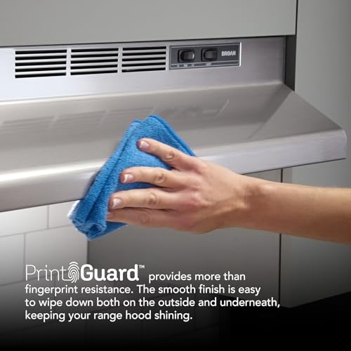 Broan-NuTone F4030SF Inch Fingerprint Resistant, 30", Stainless Finish with PrintGuard Convertible Under-Cabinet Range Hood 230 Max Blower CFM Broan-NuTone