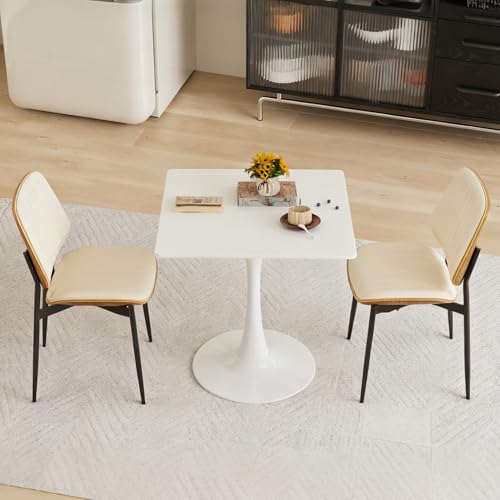 Hansweld Square Dining Table, 31.5" Tulip Table with Thickened Tabletop & Metal Pedestal, Mid Century Modern Bistro Table for Kitchen, Small Places, Living Room, Cafe (White) Hansweld