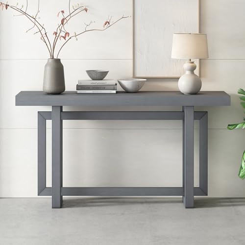 Hlcodca Contemporary Console Table with Industrial-Inspired Concrete Wood Top, Wood Legs, Extra Long Entryway Table for Entryway, Hallway, Living Room, Foyer, Corridor (Dark Gray-0J) Hlcodca