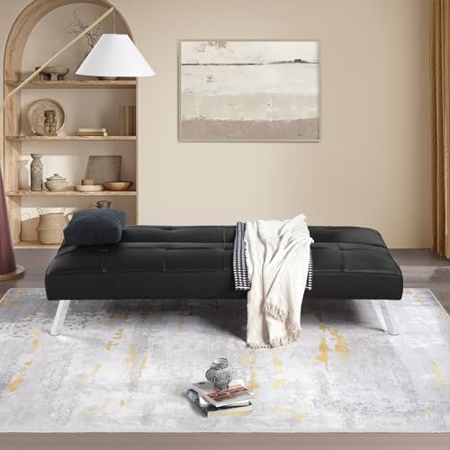 OSP Home Furnishings Kenneth Modern Button Tufted Convertible Click-Clack Futon Sofa Bed, Black Faux Leather with Chrome Legs OSP Home Furnishings
