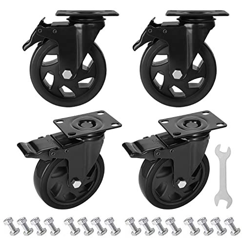 PRITEK 5 inch Caster Wheels Bearing 1800lbs 4 Pack Heavy Duty Rubber Plate Casters All with Safety Brake No Noise Lockable Swivel Casters (Include PRITEK