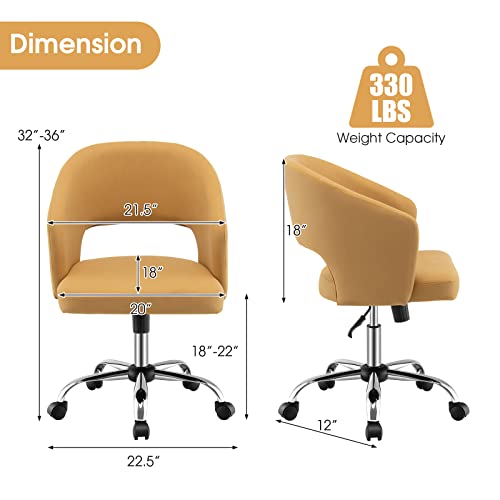 Giantex Home Office Desk Chair, Comfy Upholstered Chair with Hollow Design & Height Adjustable, Modern Rolling Swivel Armless Chair, Leisure Task Cute Chair for Living Room Study Vanity, Yellow Giantex