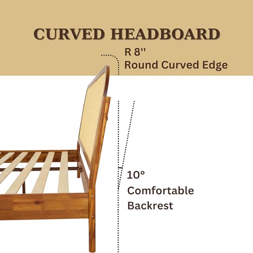 Bme Aurelia King Solid Wood Bed Frame with Rattan Headboard – Bohemian & Mid Century Modern Luxury Bme