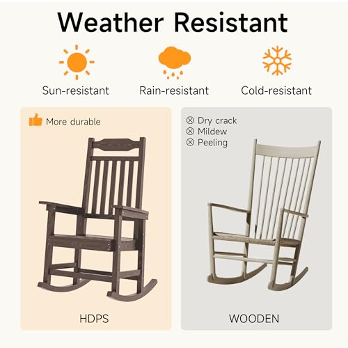 ONBRILL Outdoor Rocking Chair, All Weather Resistant HDPS Poly Rocker Chairs, Front Porch Rocker with 350 lbs Weight Capacity for Outdoor and Indoor-Brown ONBRILL